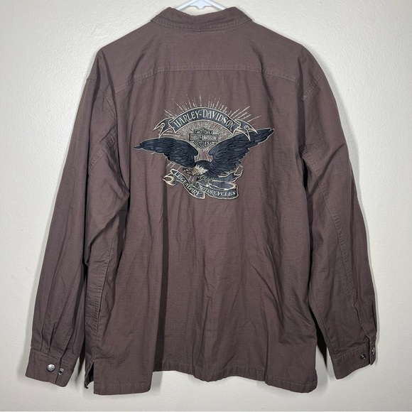 Harley Davidson Men’s Brown Snap Front Heavyweight Embroidered Shirt Size Large - Picture 1 of 12